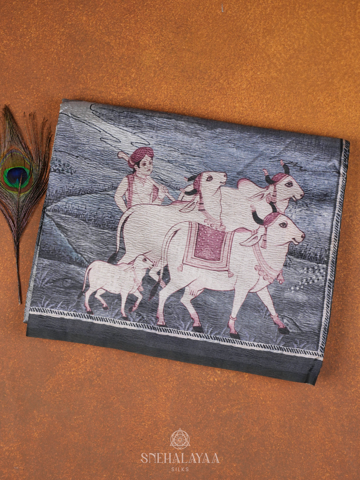 Grey Pichwai Printed Tussar Saree