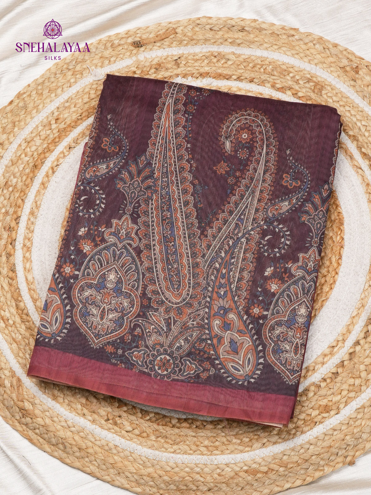 Maroon Printed Linen Saree