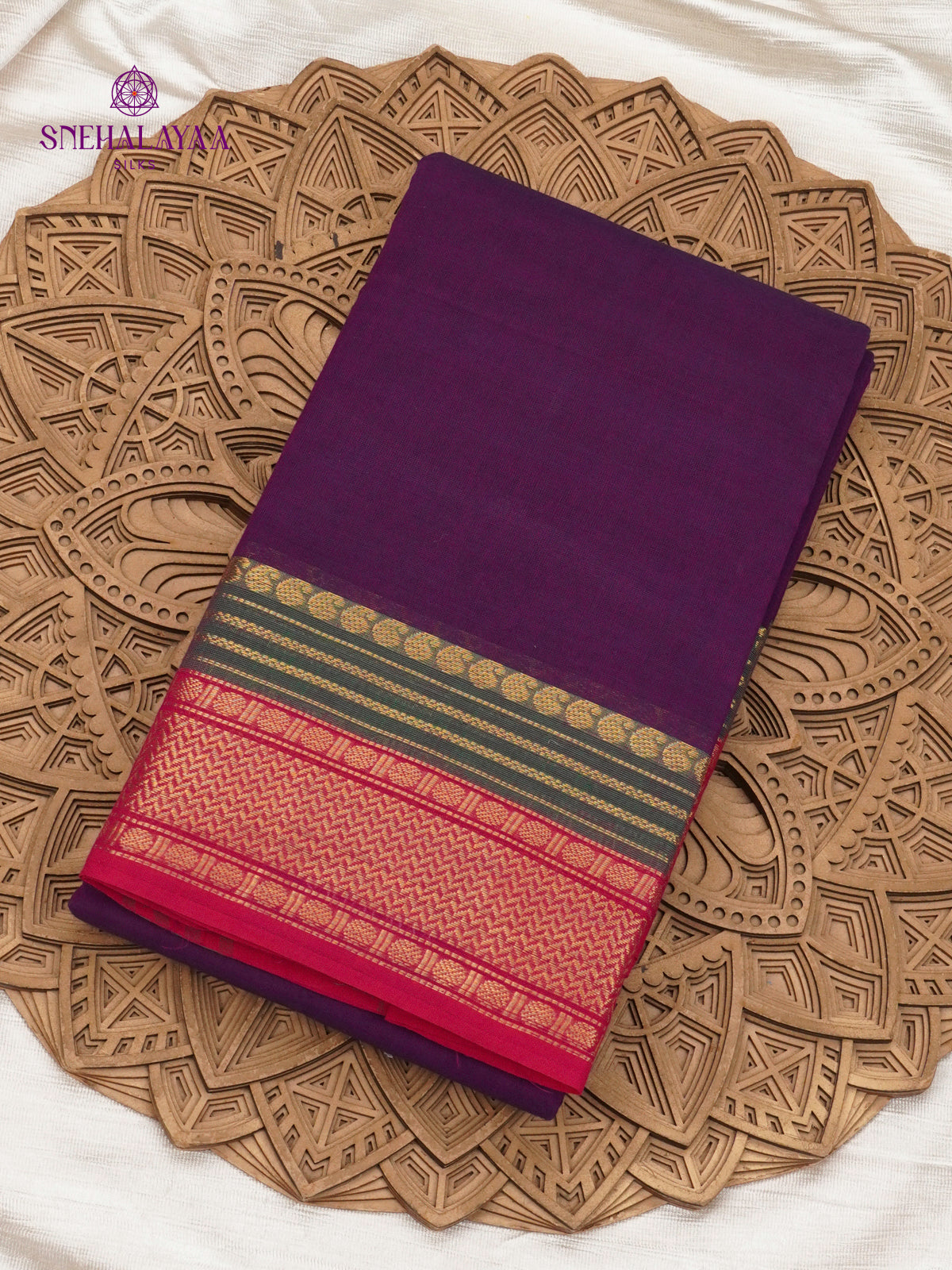 Deep Purple Kanchi Cotton Saree with Traditional Zari Border