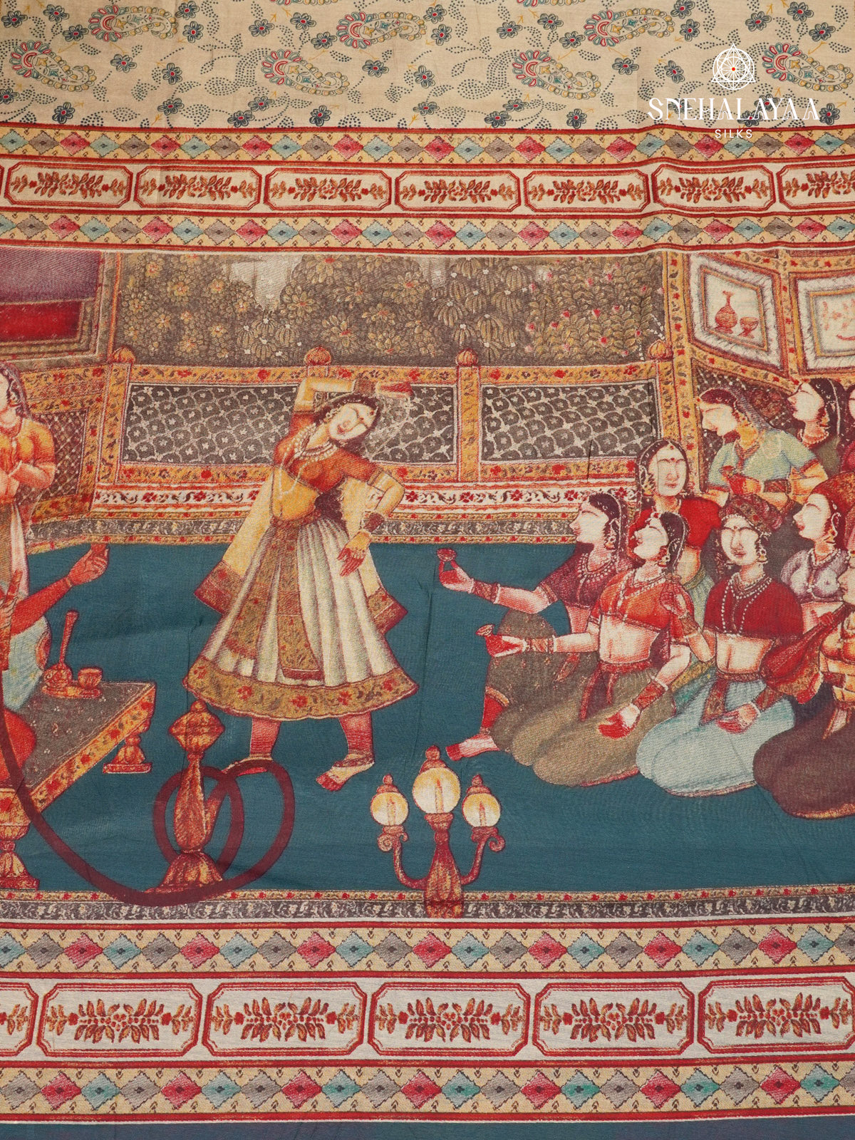 Beige With Teal Blue Border Munga Tussar Saree