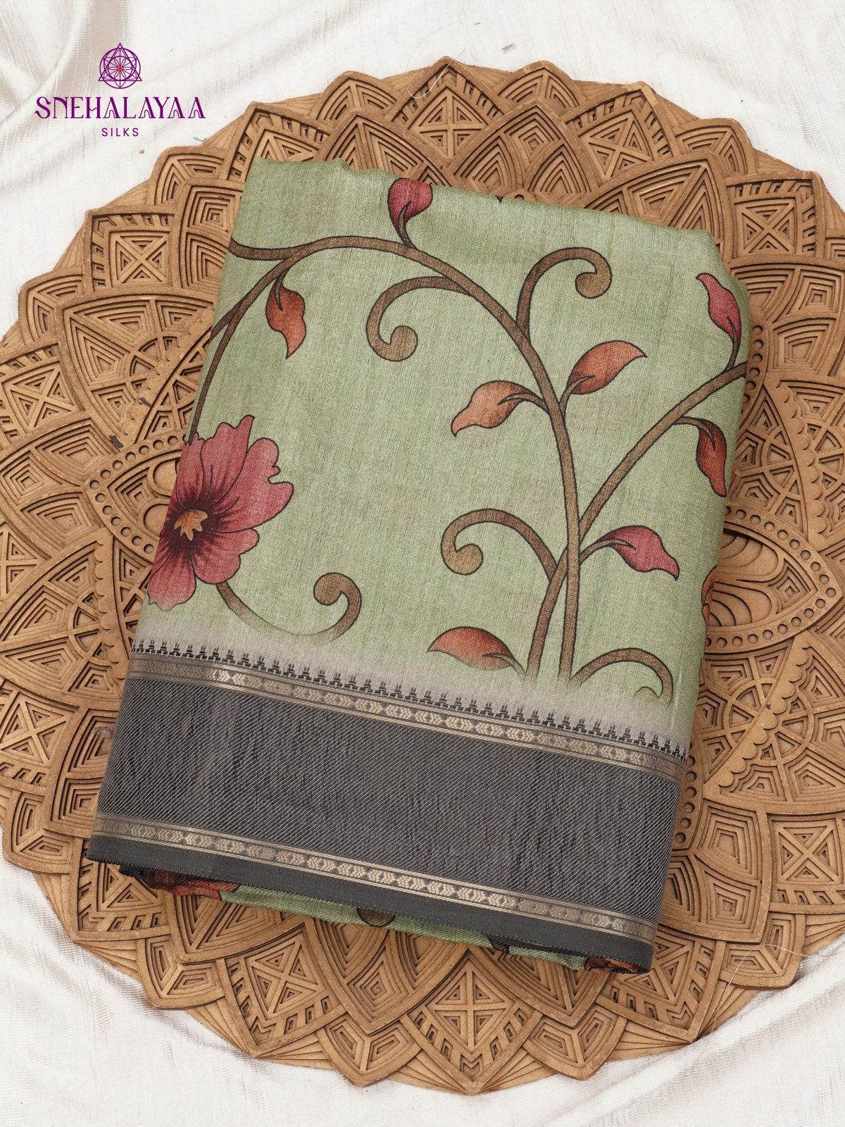 Pastel Green Floral Printed Tussar Saree