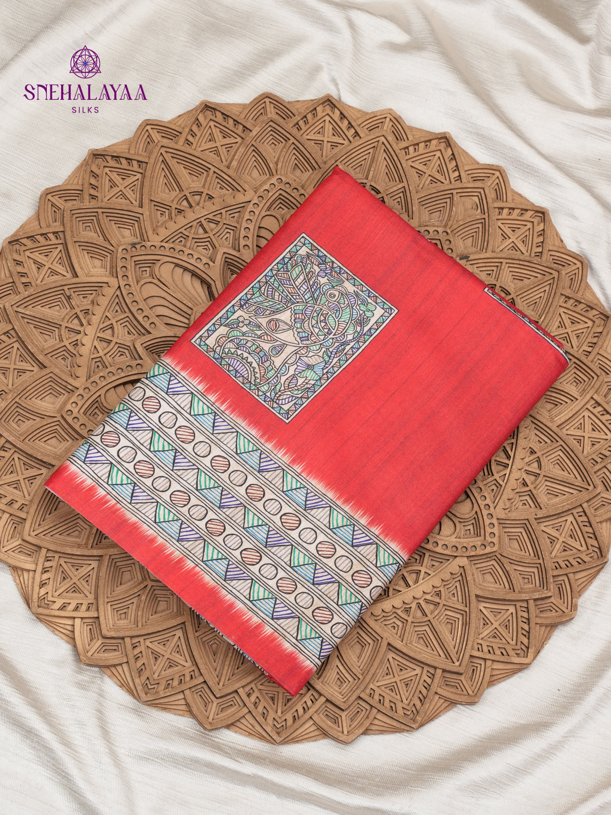 Coral Red Madhubani Printed Saree