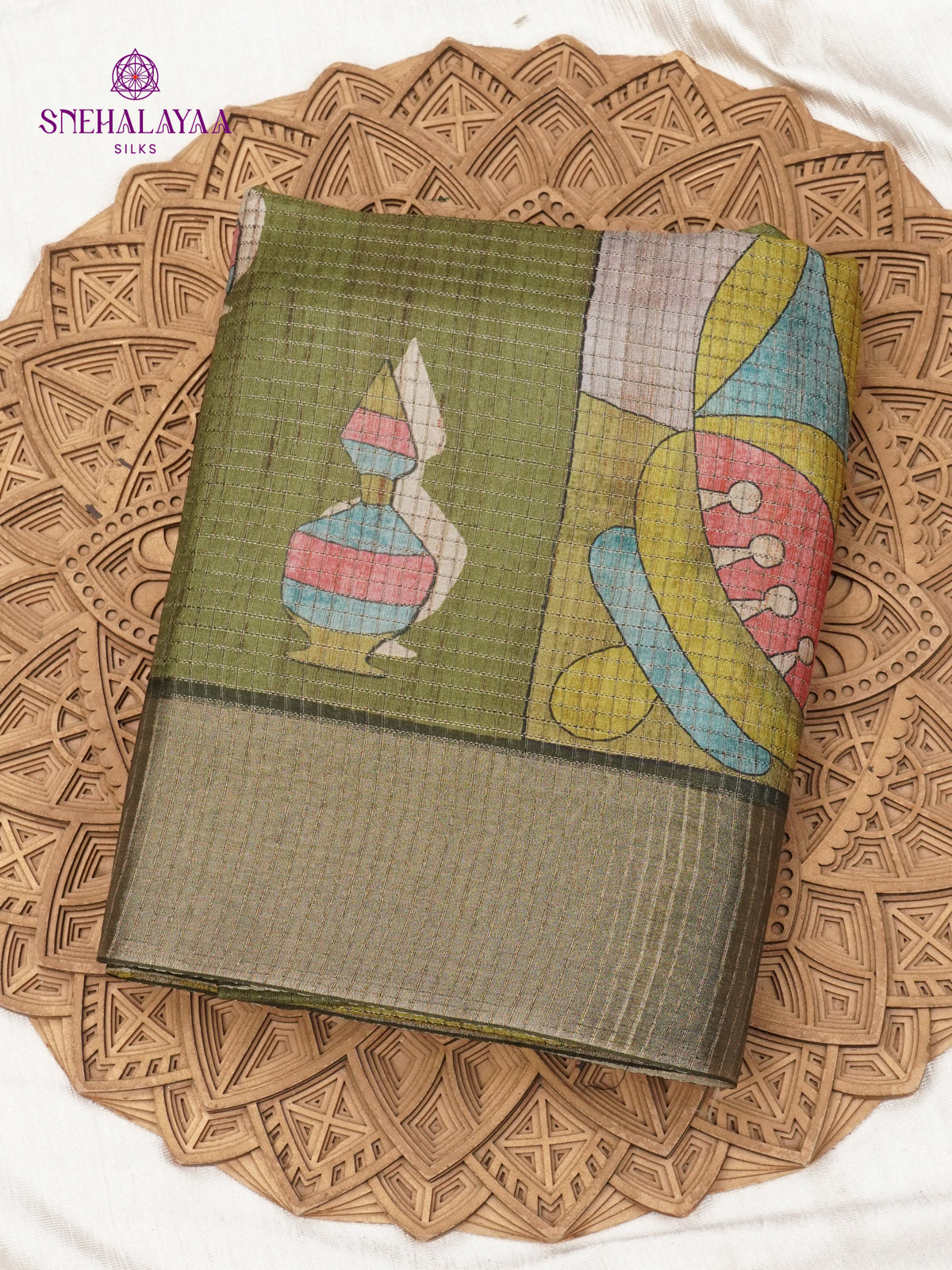 Olive Green Printed Tussar Saree