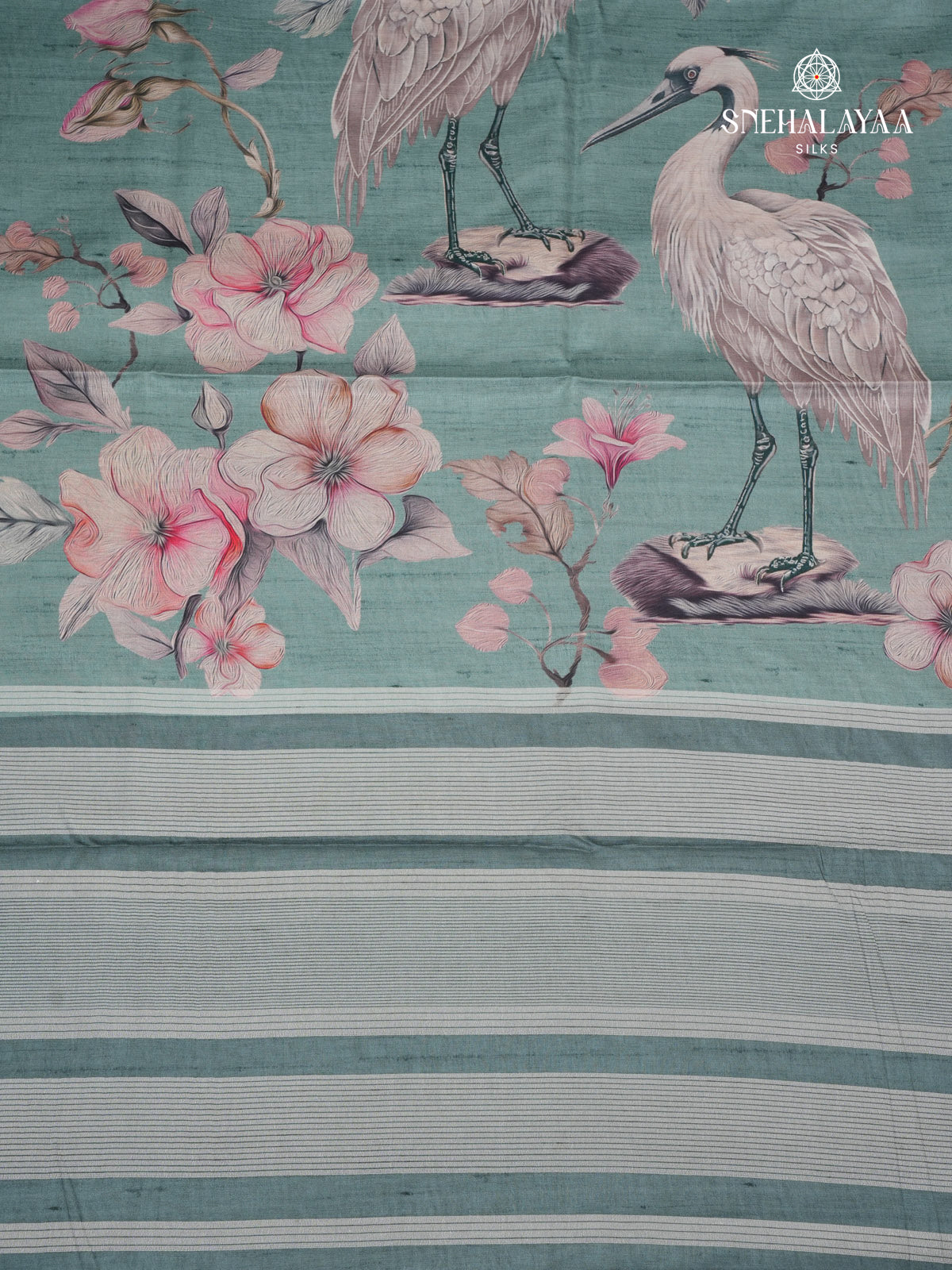 Teal Green Floral Printed Tussar Saree