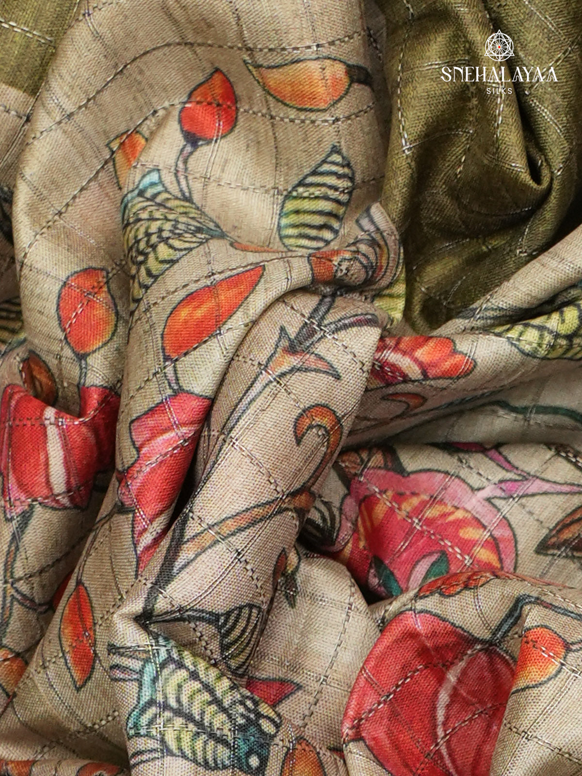 Beige Floral Printed Tussar Saree