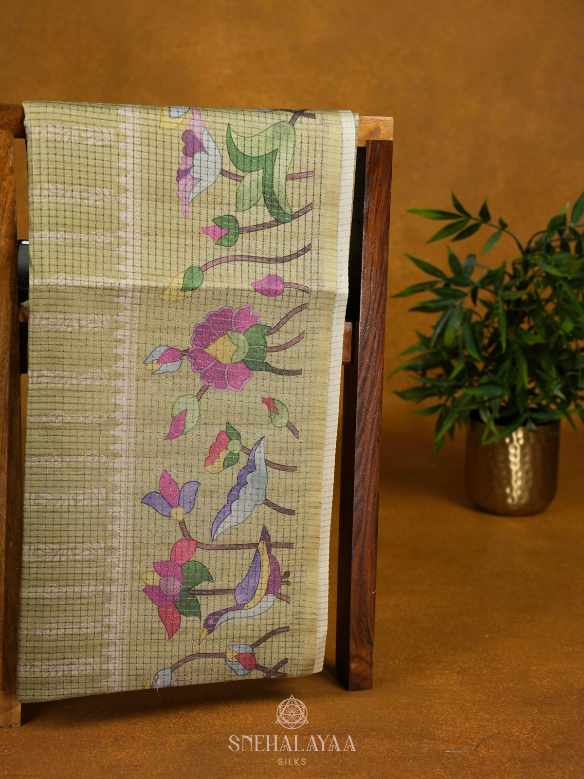 Pale Yellow Tussar Saree with Floral Prints