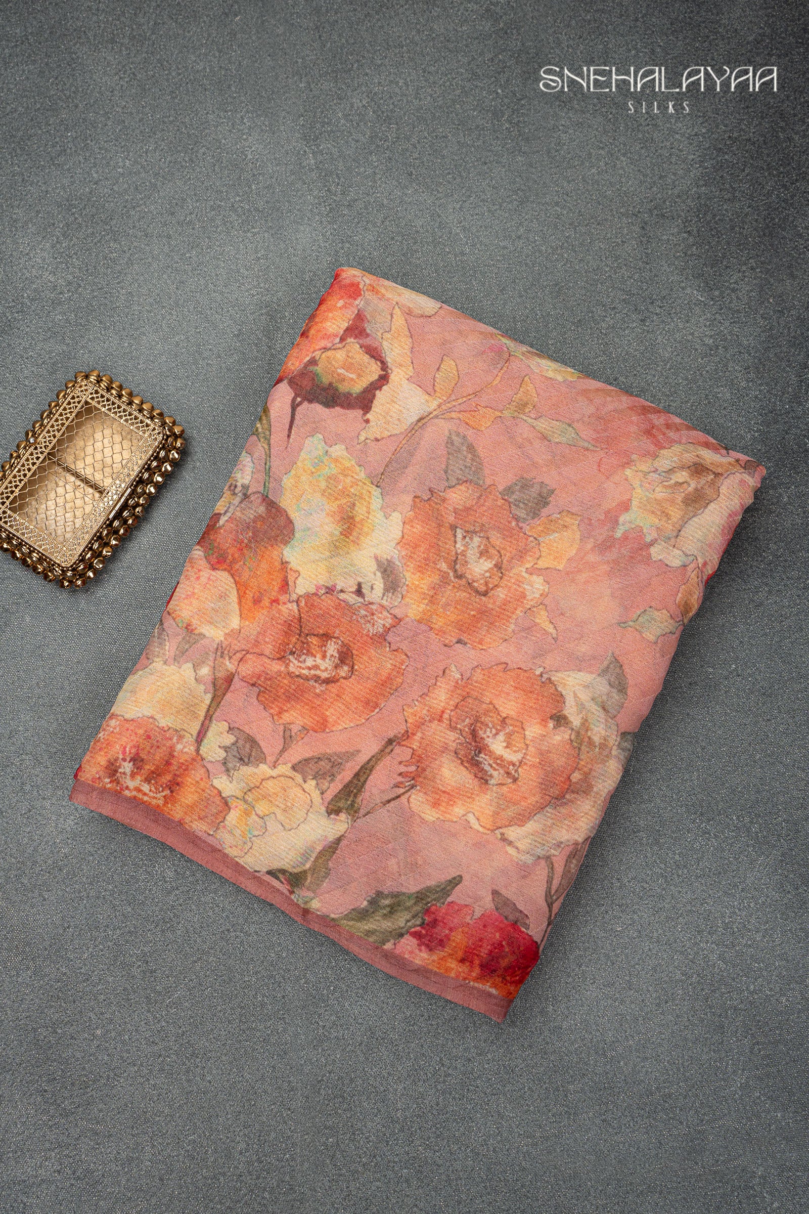 Peach Pink Semi Chiffon Saree