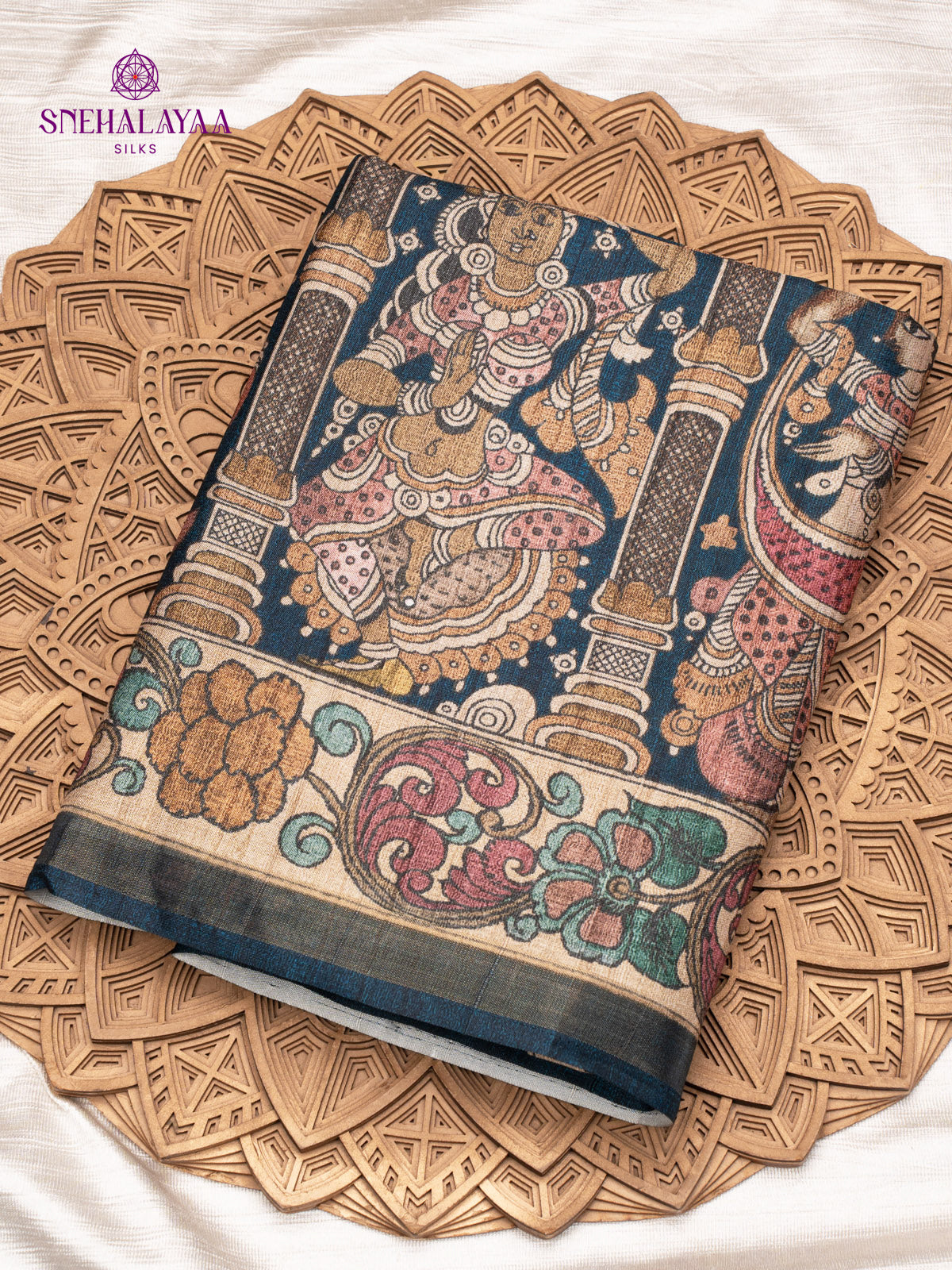 Navy Blue Printed Tussar Saree