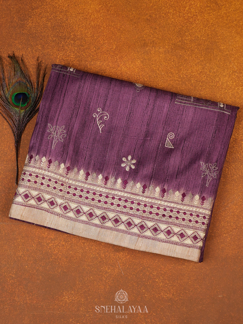 Purple Tussar Embroidery Saree