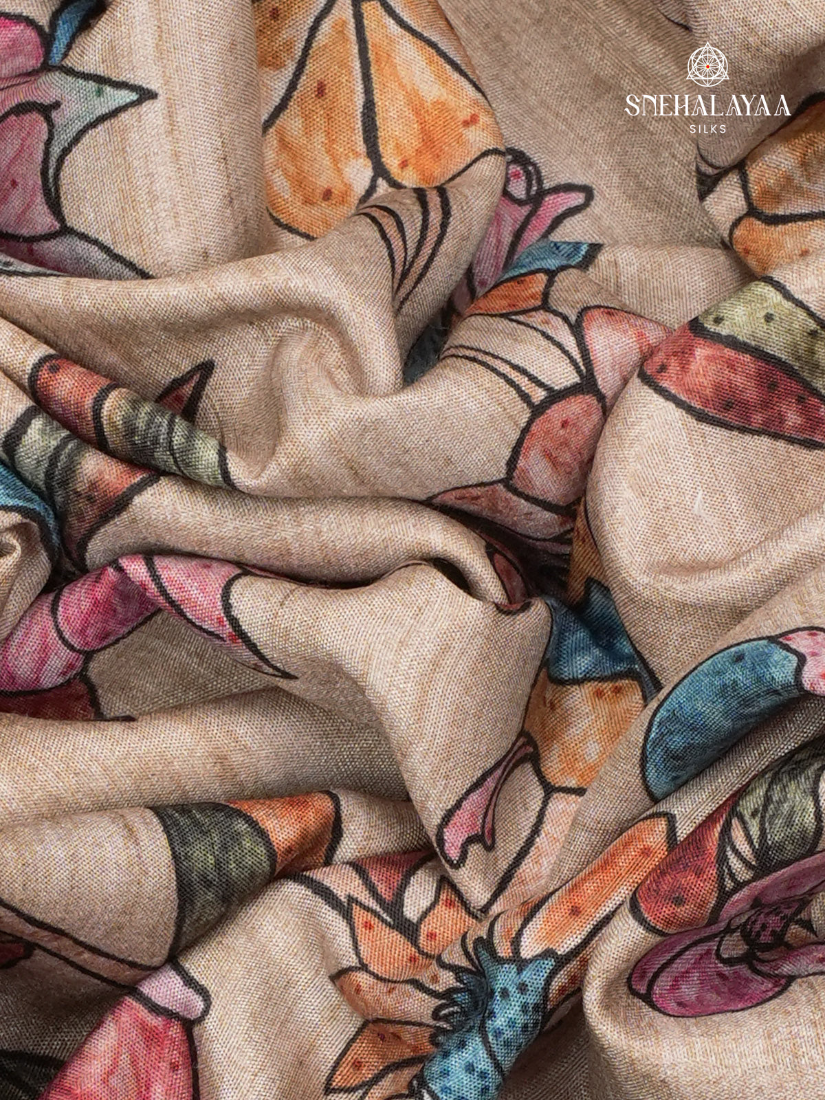 Beige Floral Printed Tussar Saree