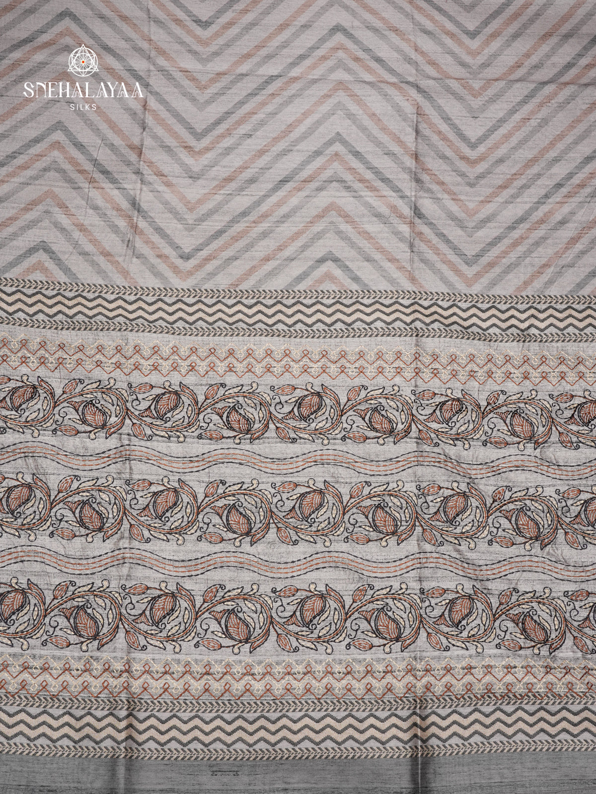 Grey Tussar Embroidery Saree