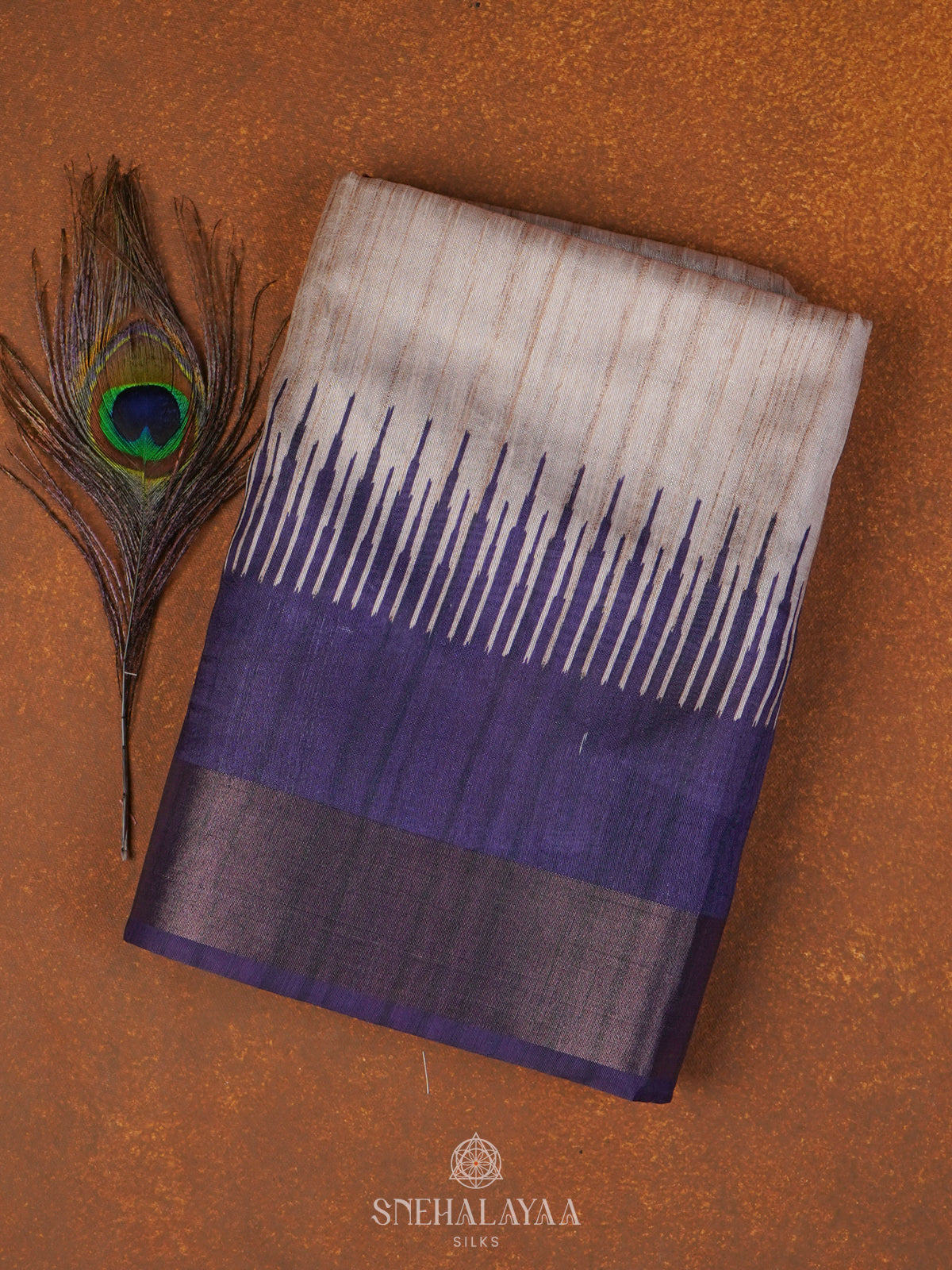 Beige with Purple Border Tussar Saree