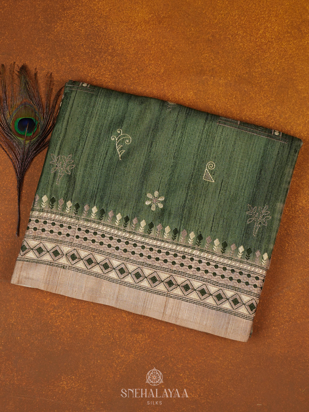 Green Tussar Embroidery Saree
