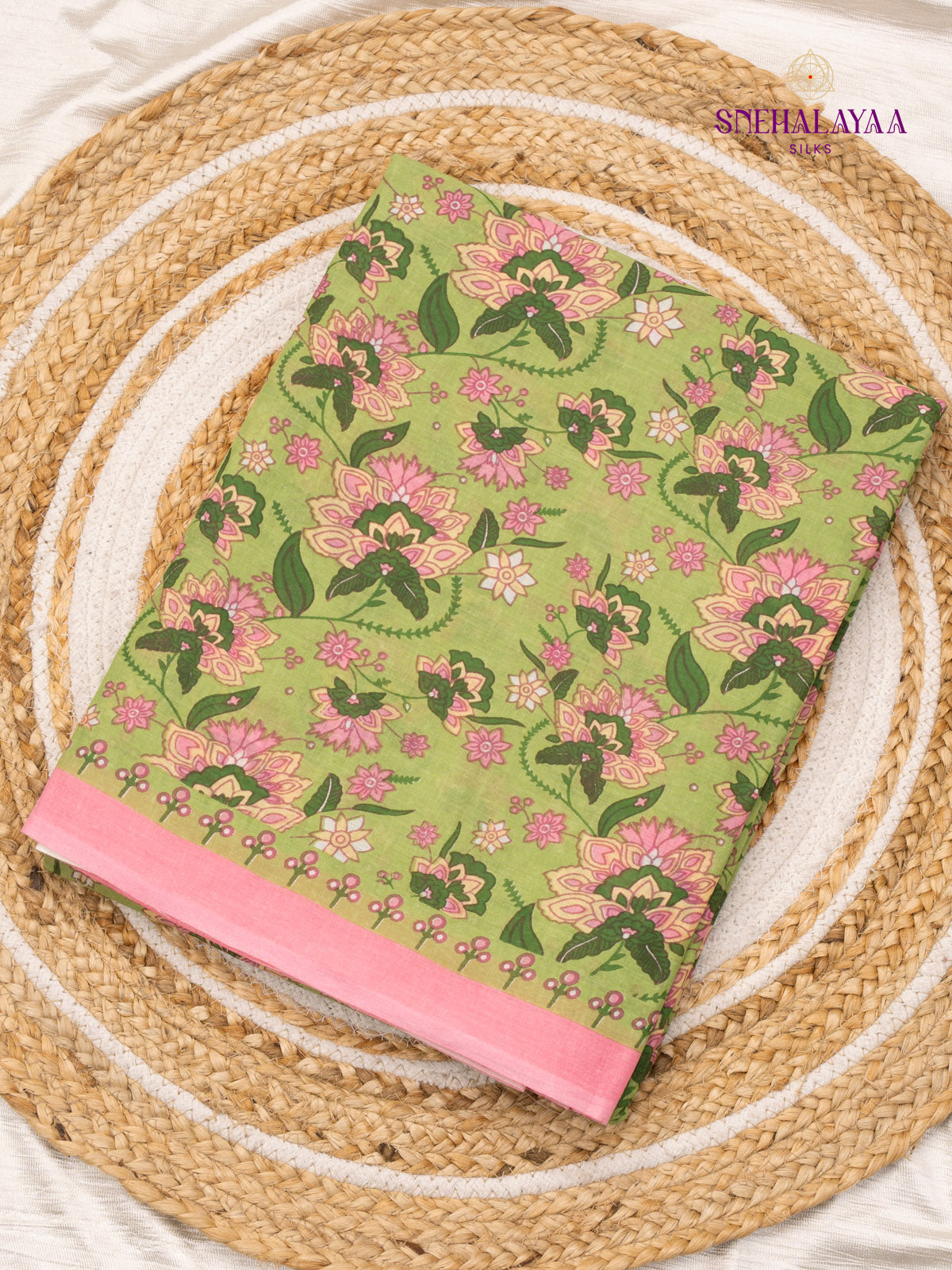 Light Olive Green Jaipur Cotton Saree