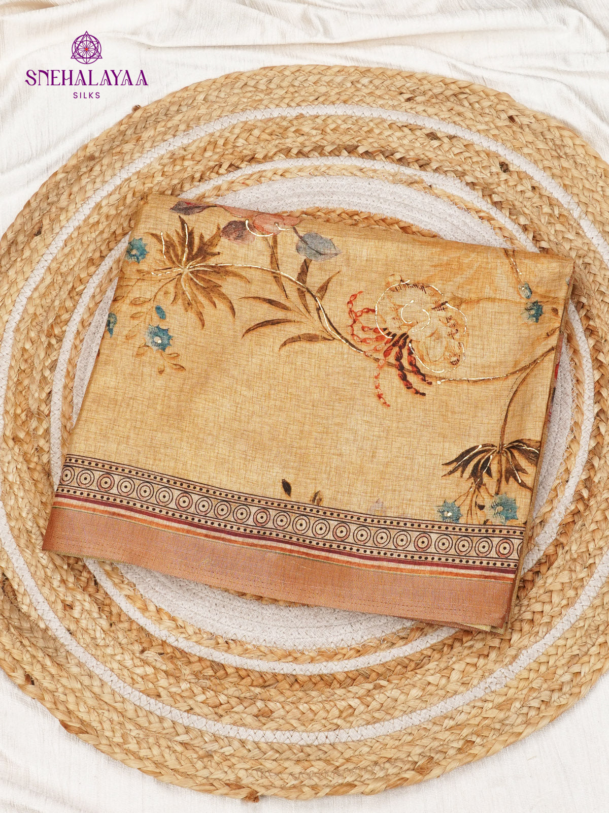 Golden Beige Floral Printed Tussar Saree