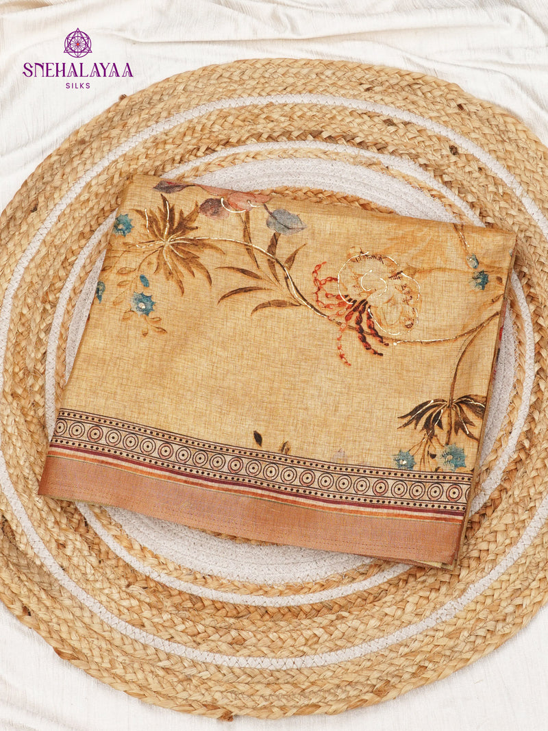 Golden Beige Floral Printed Tussar Saree