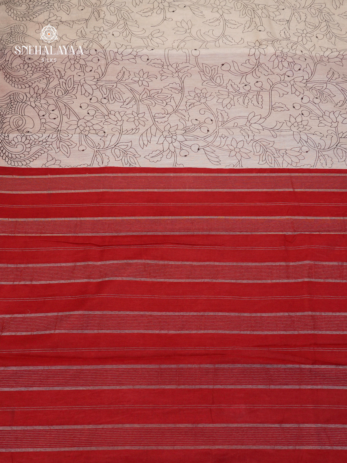 Off-White Kalamkari Saree with Red Woven Border
