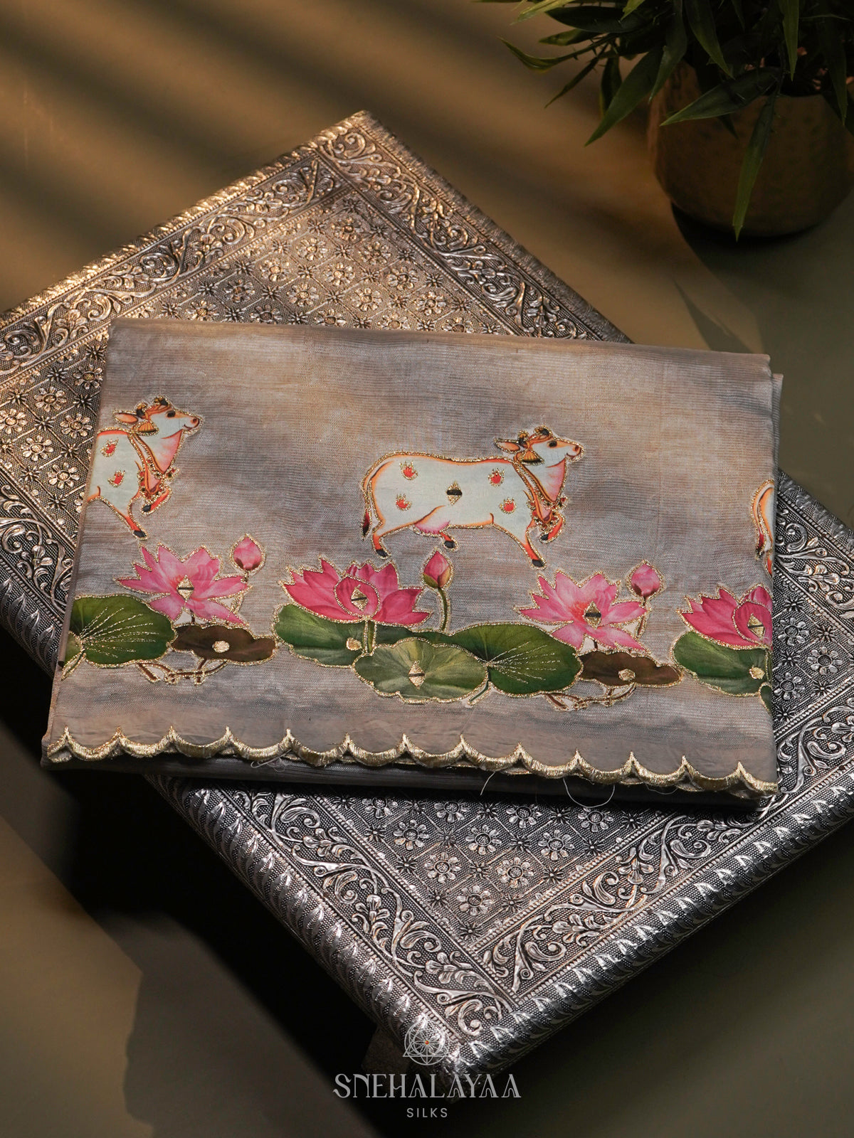 Grey Mangalagiri Silk Embroidery Saree