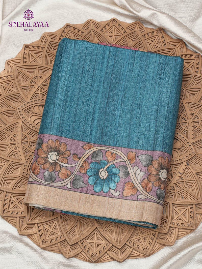 Teal Blue Floral Printed Tussar Saree