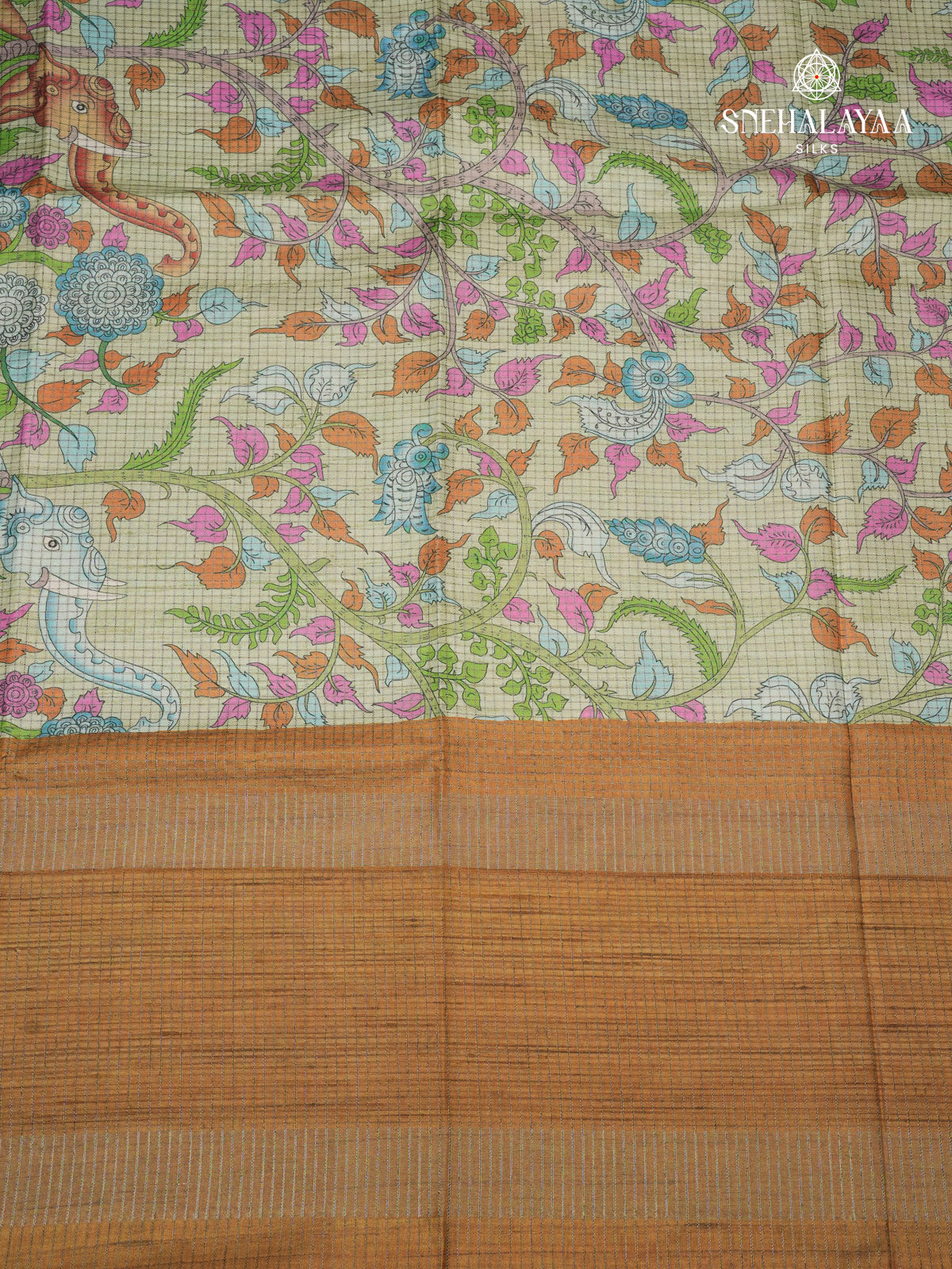 Beige Floral Printed Tussar Saree