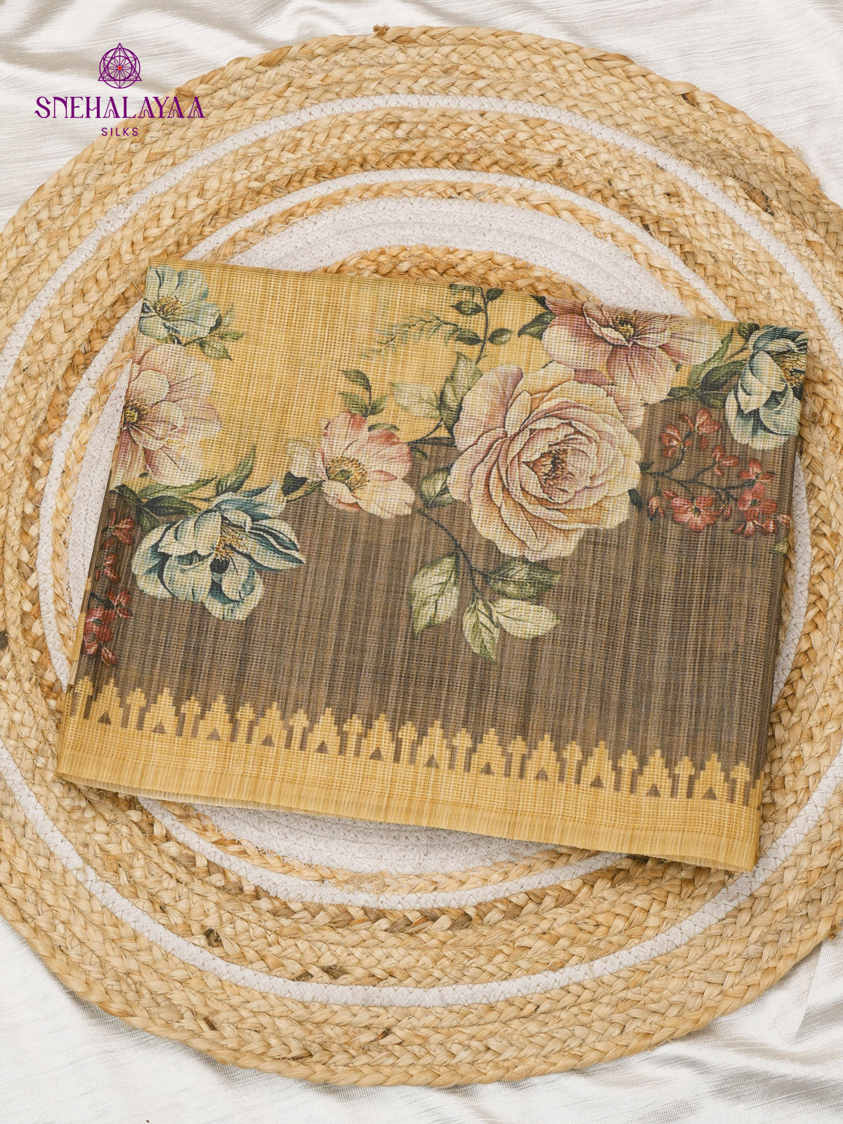 Mustard Yellow With Brown Border Printed Kota Saree