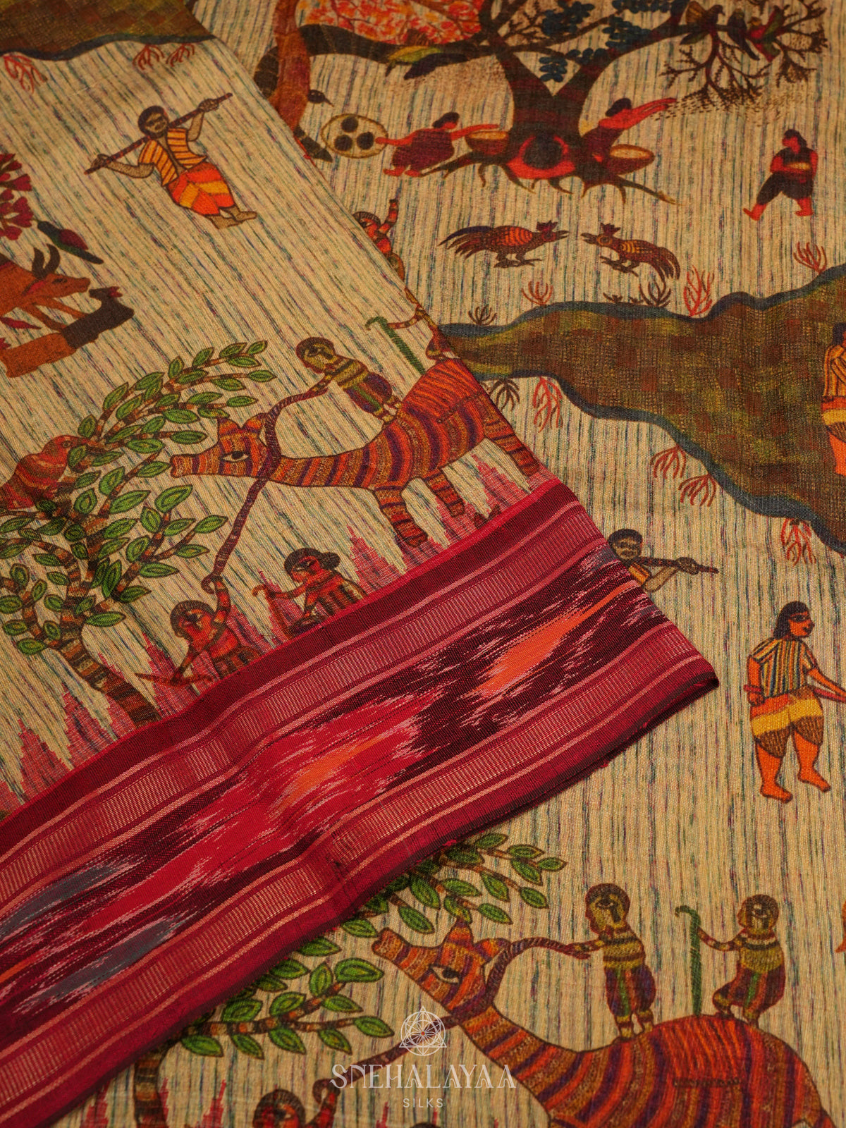 Beige Munga Tussar Saree with Red Border