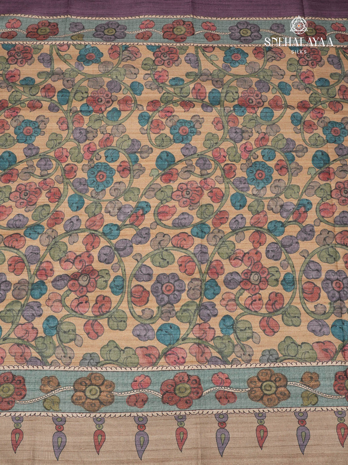 Plum Floral Printed Tussar Saree