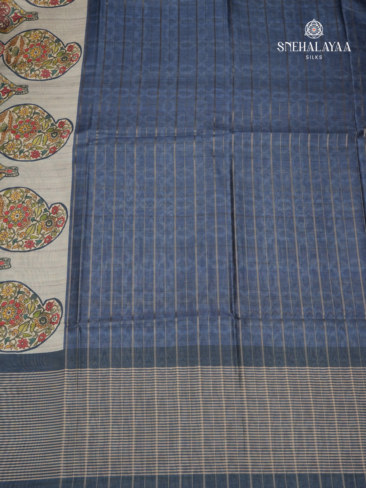Navy Blue Floral Printed Tussar Saree