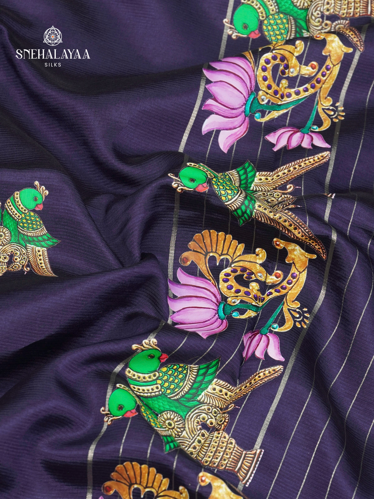 Navy Blue Mangalagiri Silk Cotton Saree with Tanjore Art Print
