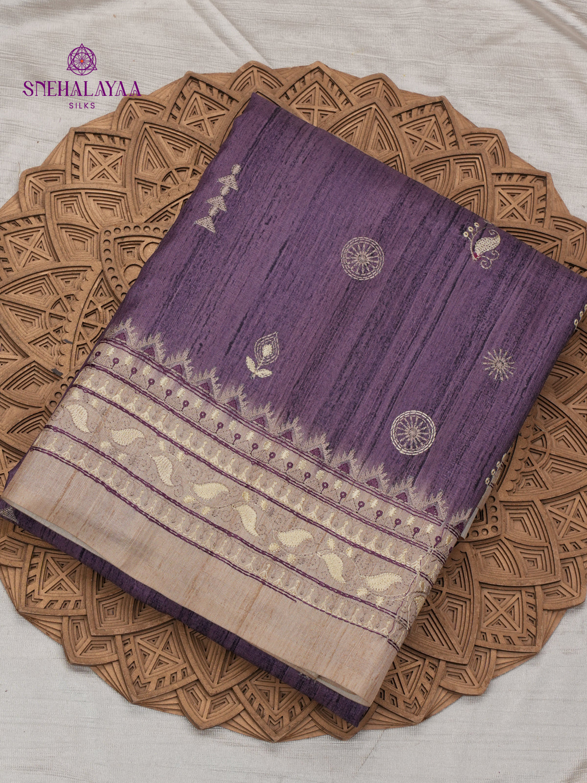 Purple Tussar Embroidery Saree