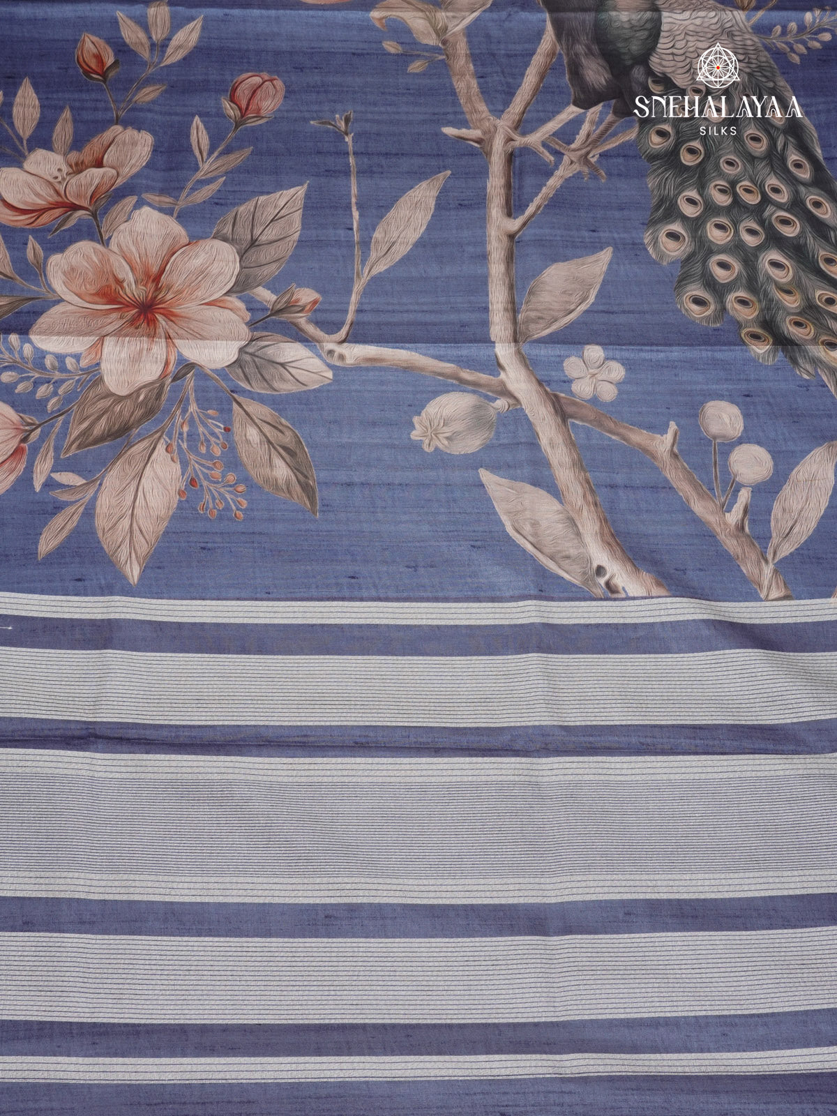Blue Floral Printed Tussar Saree
