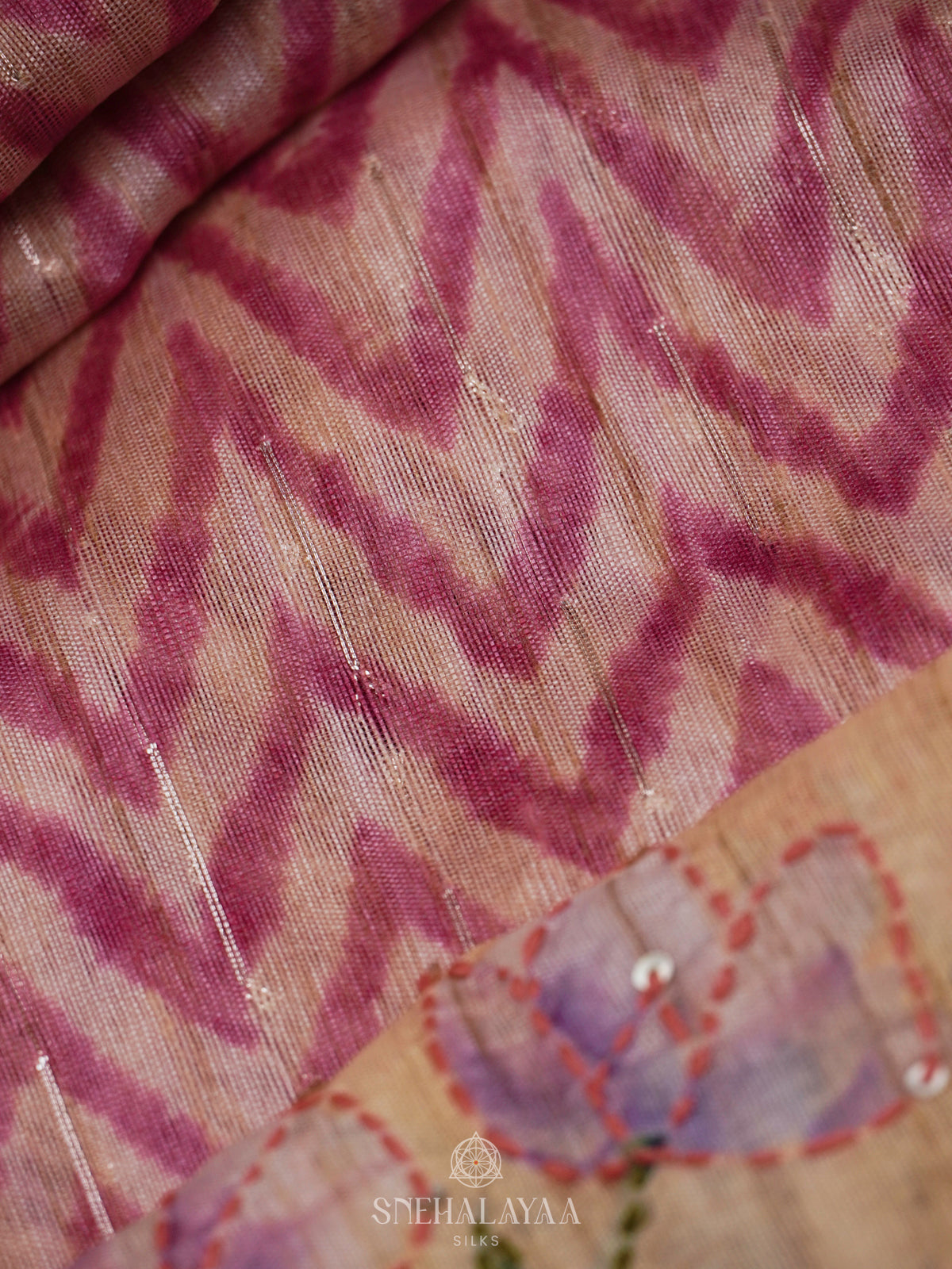 Pink Munga Tussar Embroidery Saree