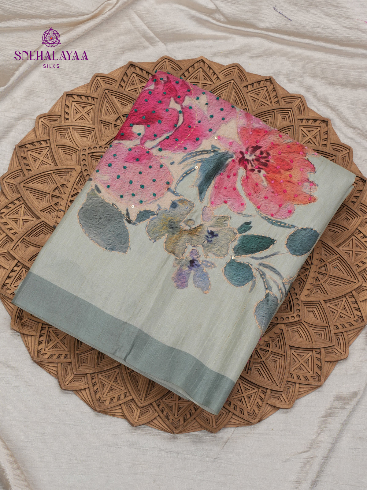 Pale Green Tussar Embroidery Saree