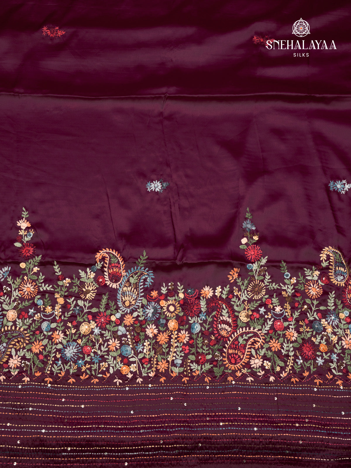 Burgundy Satin Embroidery Saree