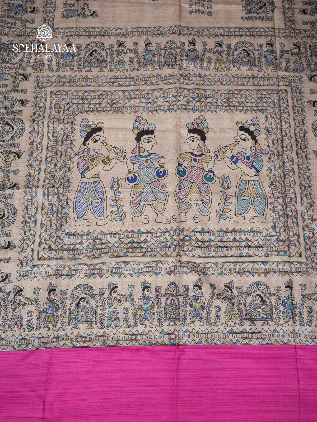 Beige With Pink Border Madhubani Saree
