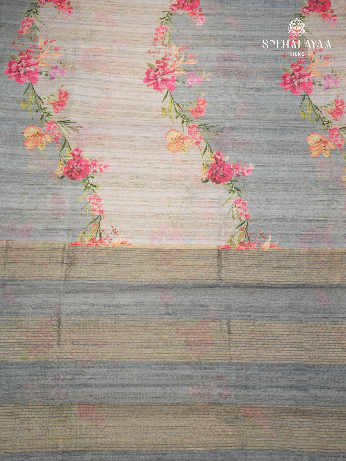 Grey Floral Printed Tussar Saree