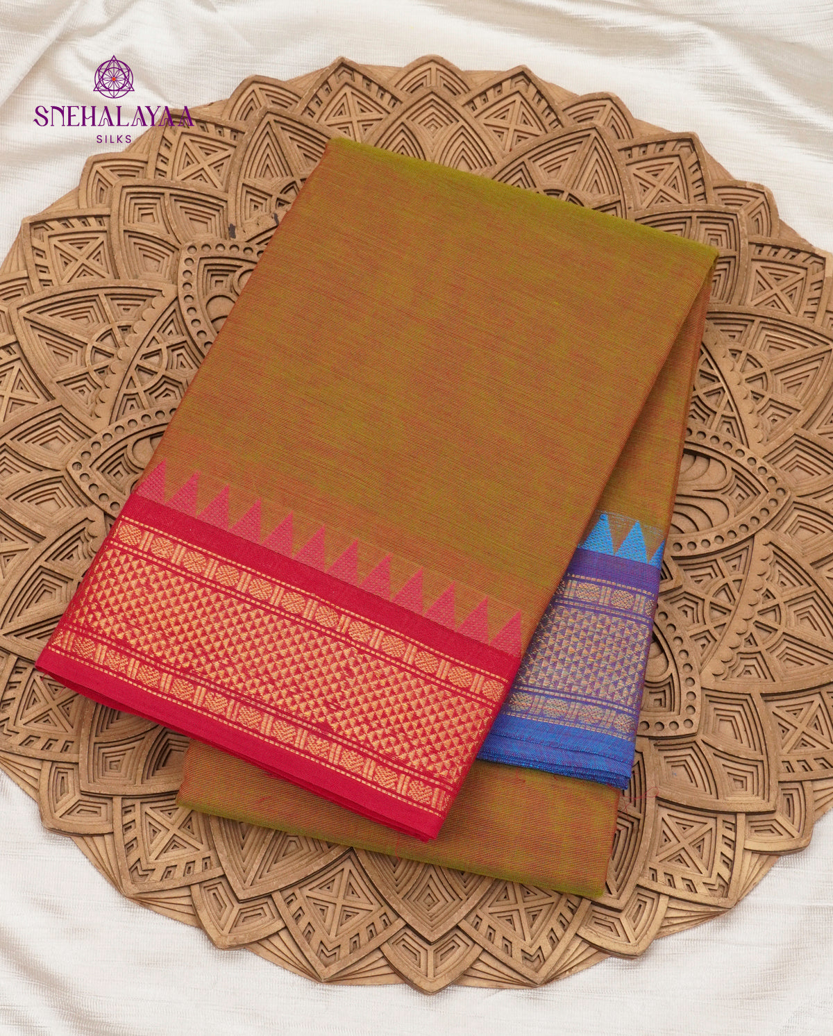 Earthy Green Kanchi Cotton Saree with Classic Irandu Karai Borders