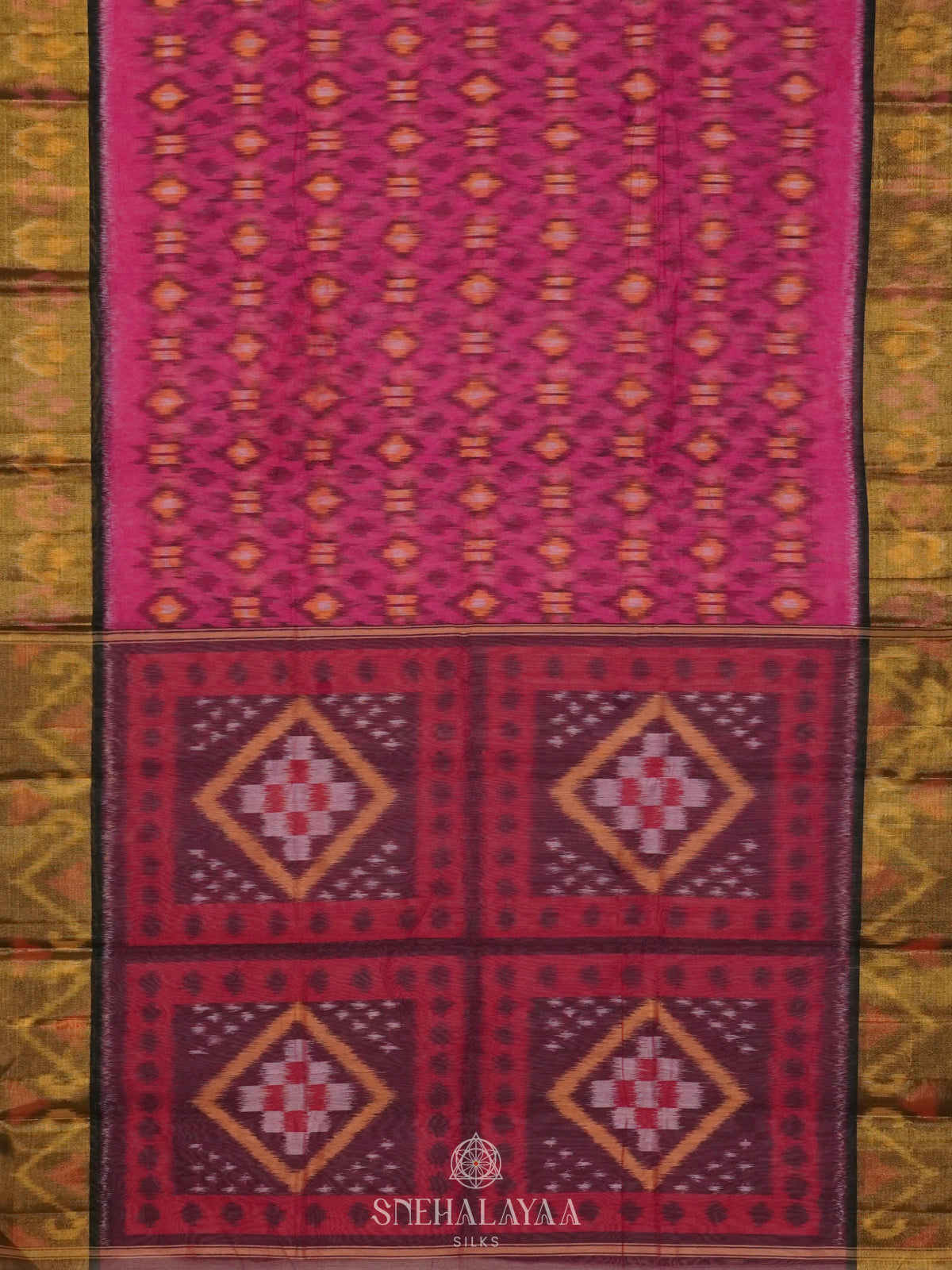 Pink Ikat Silk Cotton Saree with Traditional Woven Border