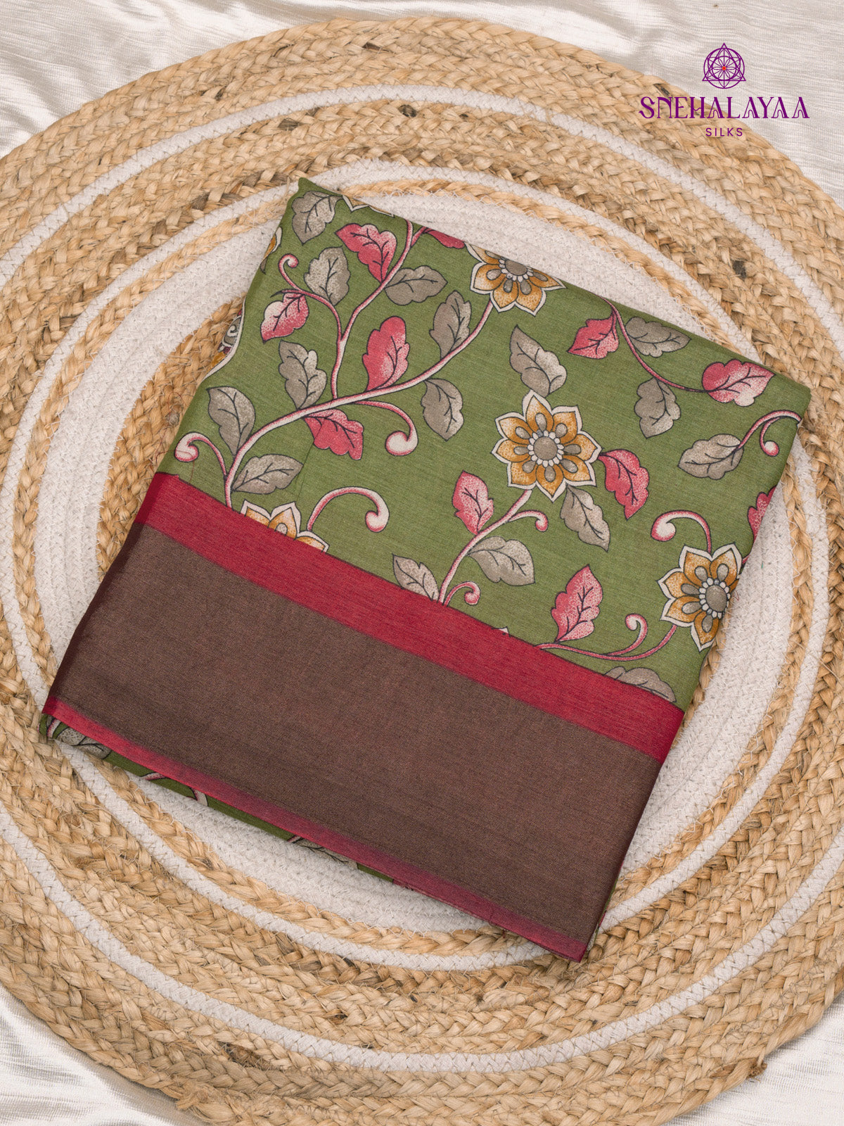 Olive Green Printed Tussar Saree