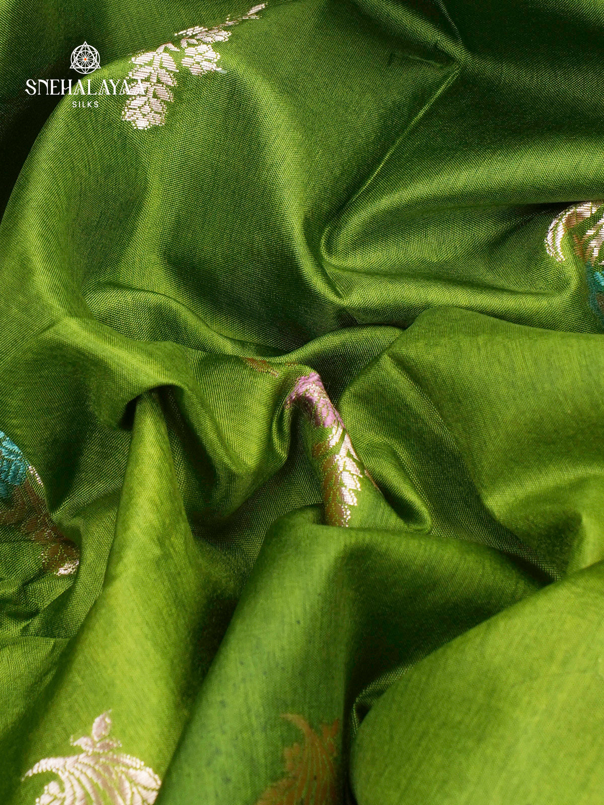 Olive Green Chiniya Silk Saree with Lemon Yellow Woven Border