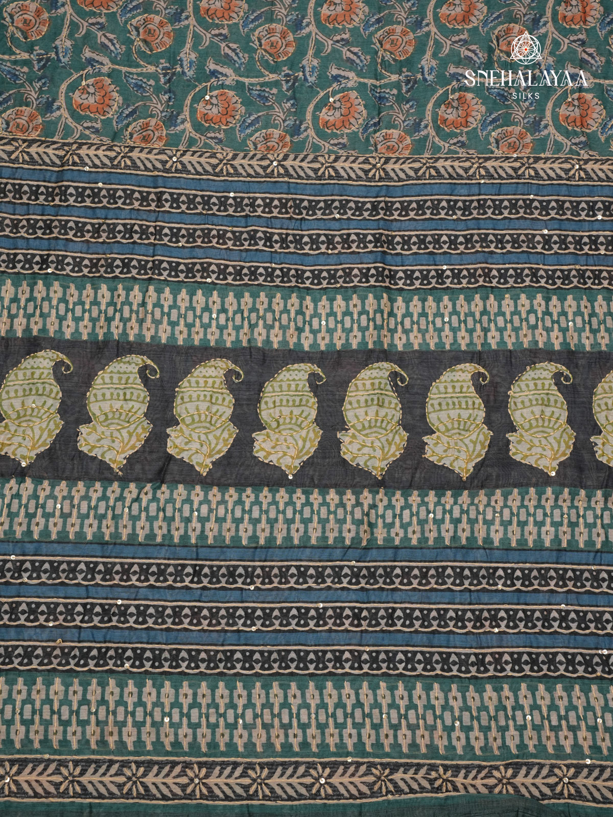 Teal Blue Linen Embroidery Saree