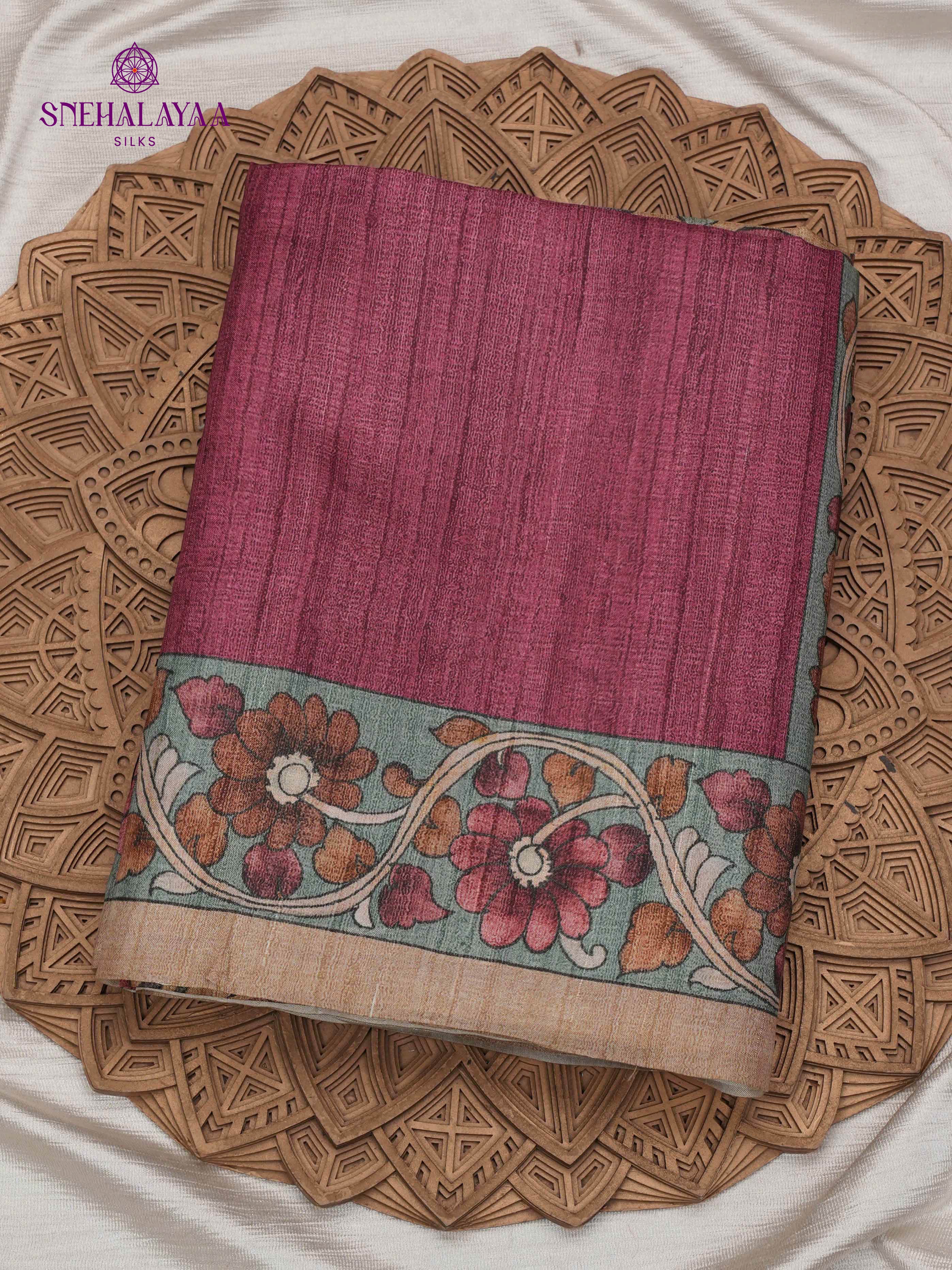 Magenta Floral Printed Tussar Saree