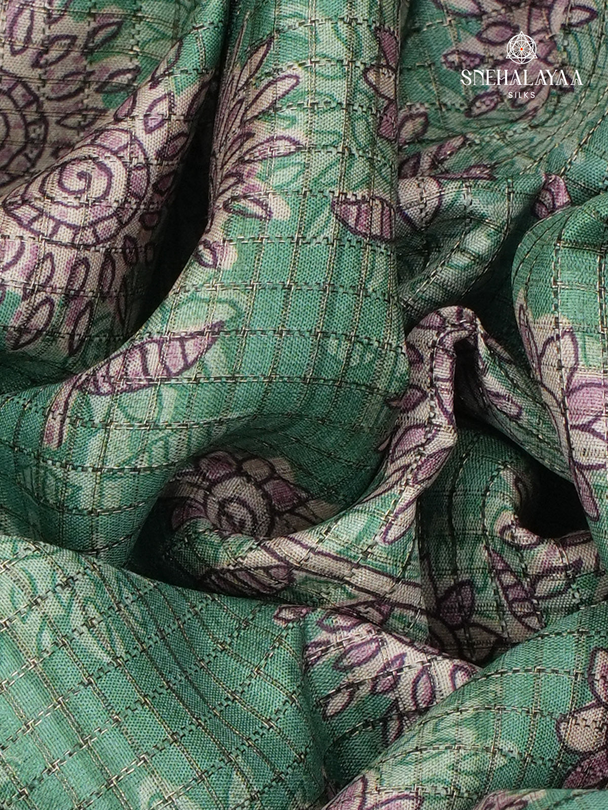 Pastel Green Floral Printed Tussar Saree