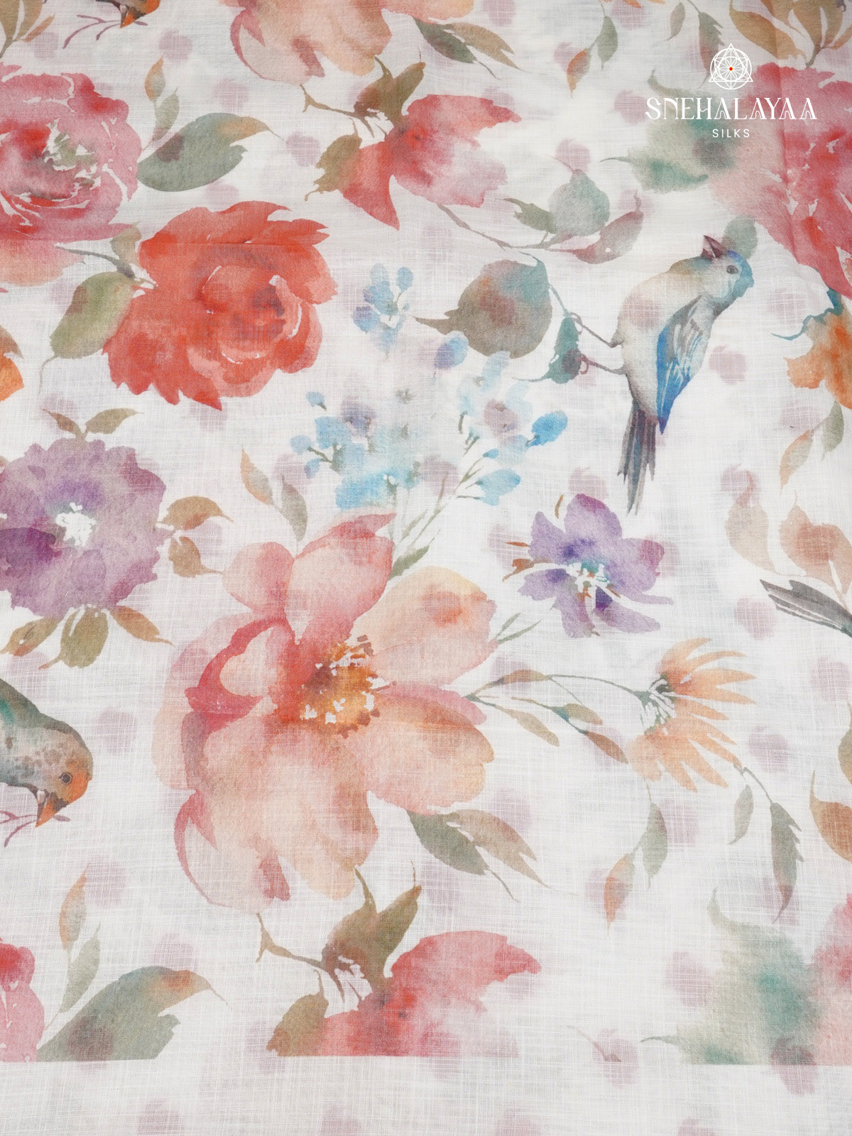 Off White Printed Linen Saree