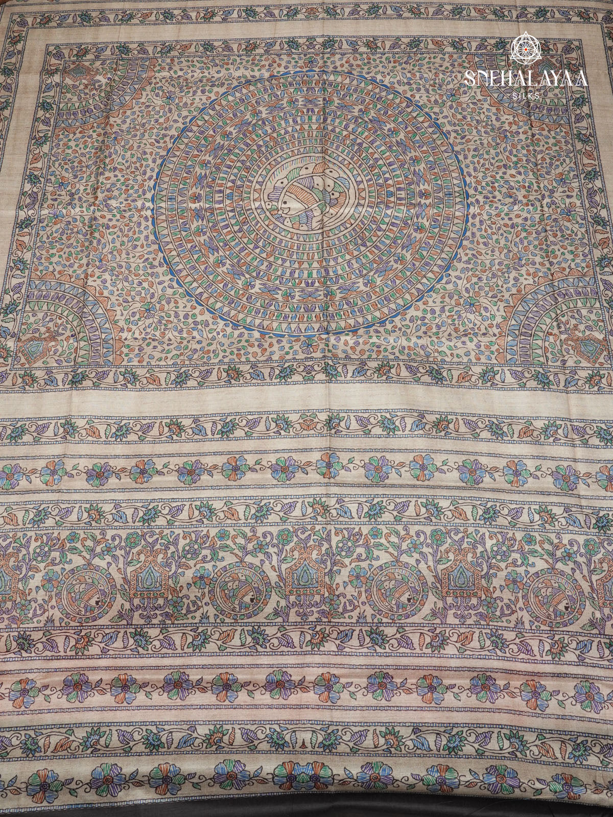 Beige With Black Border Madhubani Saree