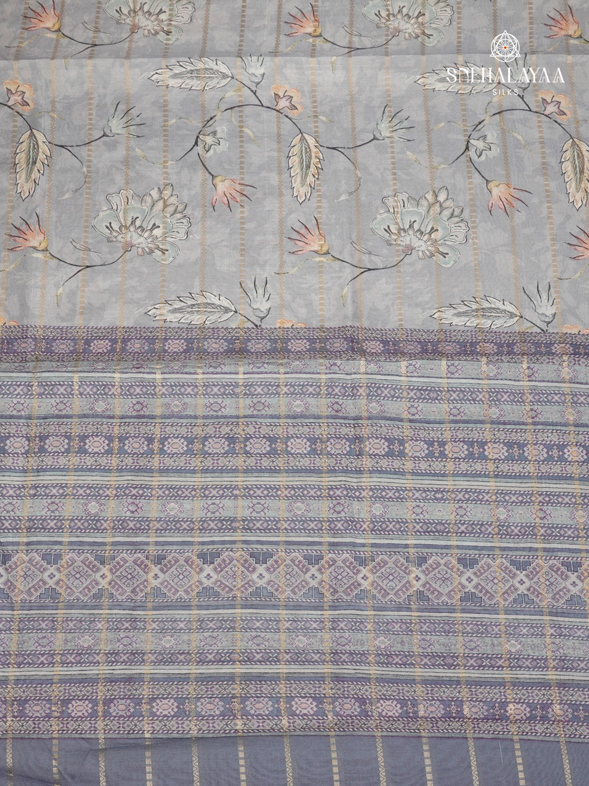 Grey Floral Printed Tussar Saree