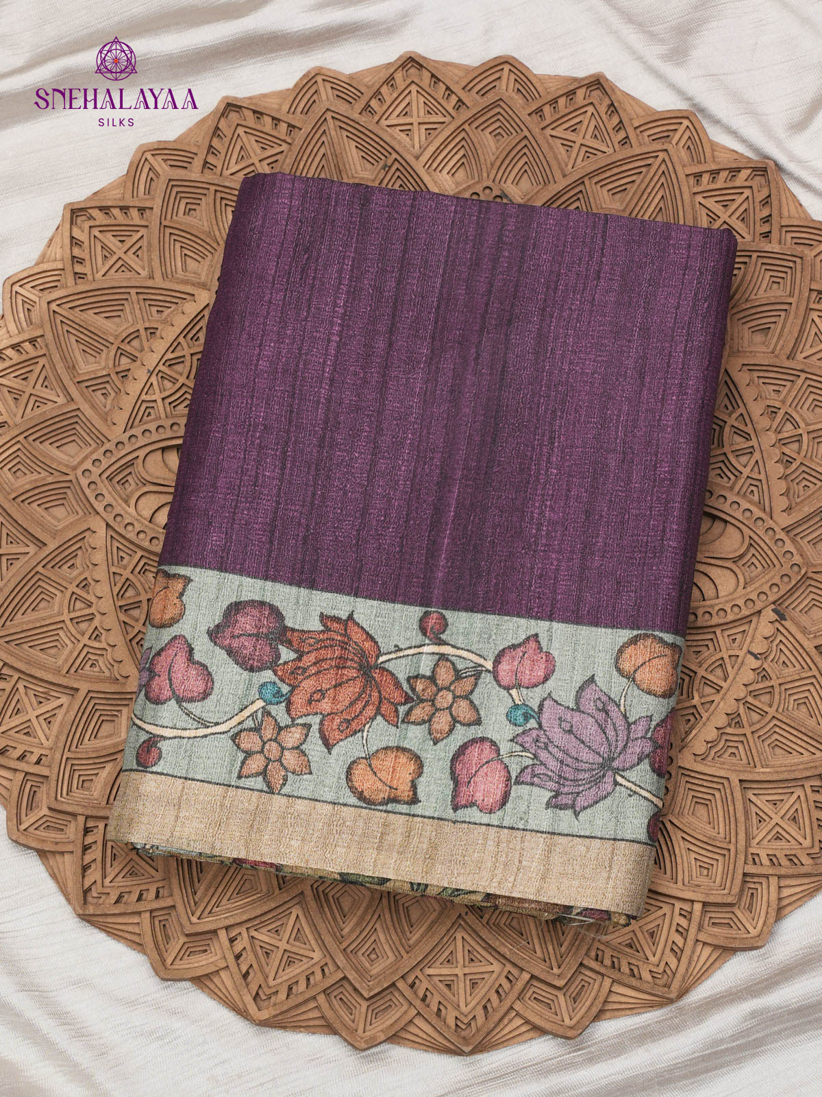 Purple Floral Printed Tussar Saree