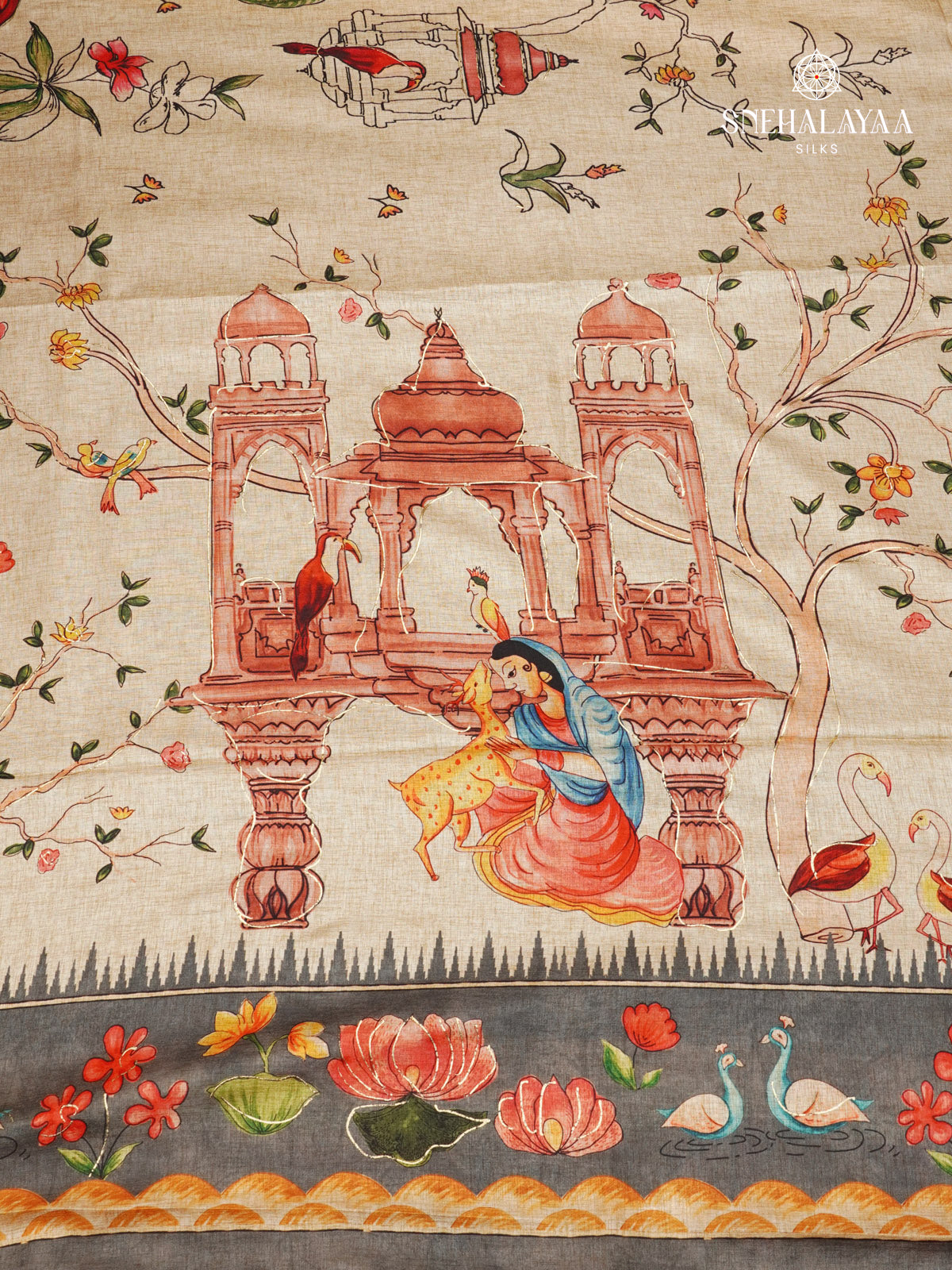 Beige With Grey Floral Tussar Saree