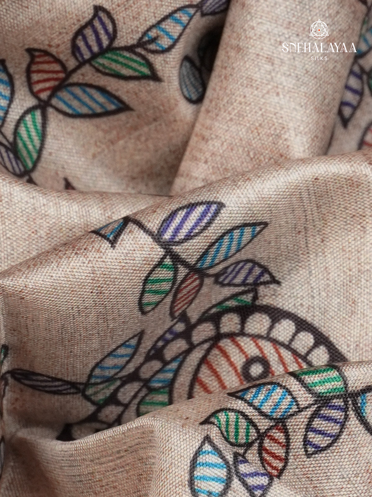 Beige With Yellow Border Madhubani Saree