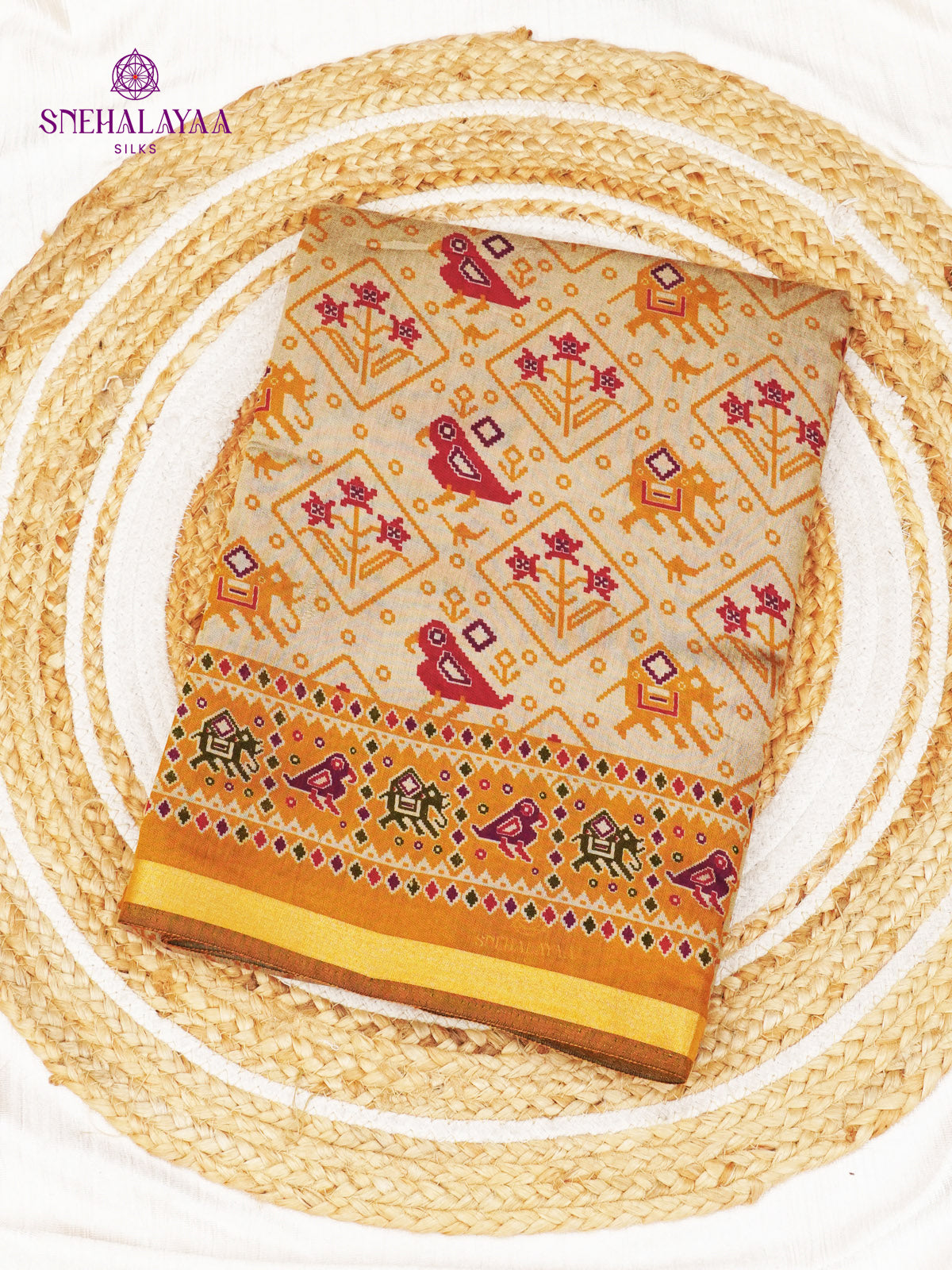 Beige With Yellow Border Munga Tussar Saree